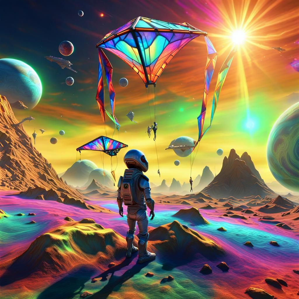 Alien Flies Kite on Exoplanet in Synthwave Style