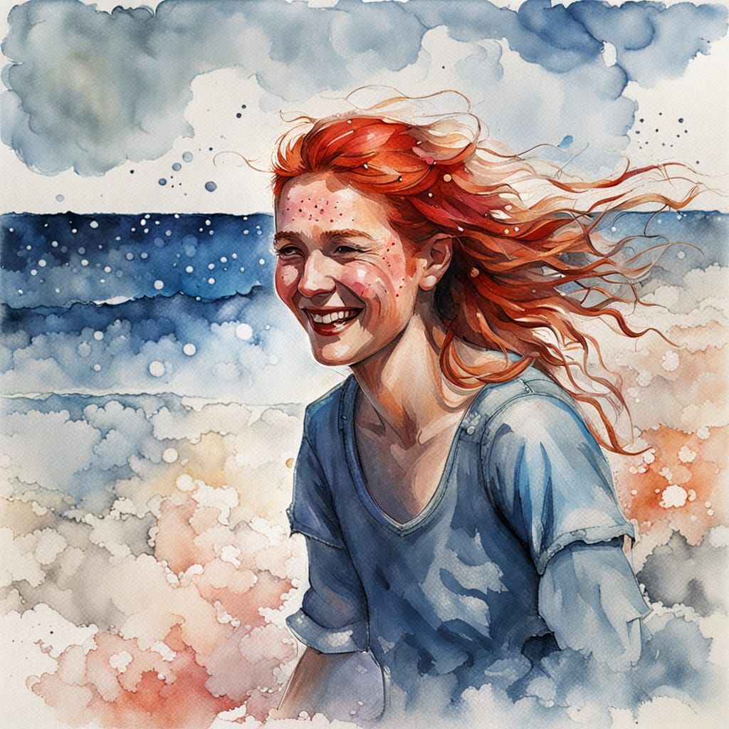 Red-Haired Girl Laughing on Fantasy Beach: Ink Painting
