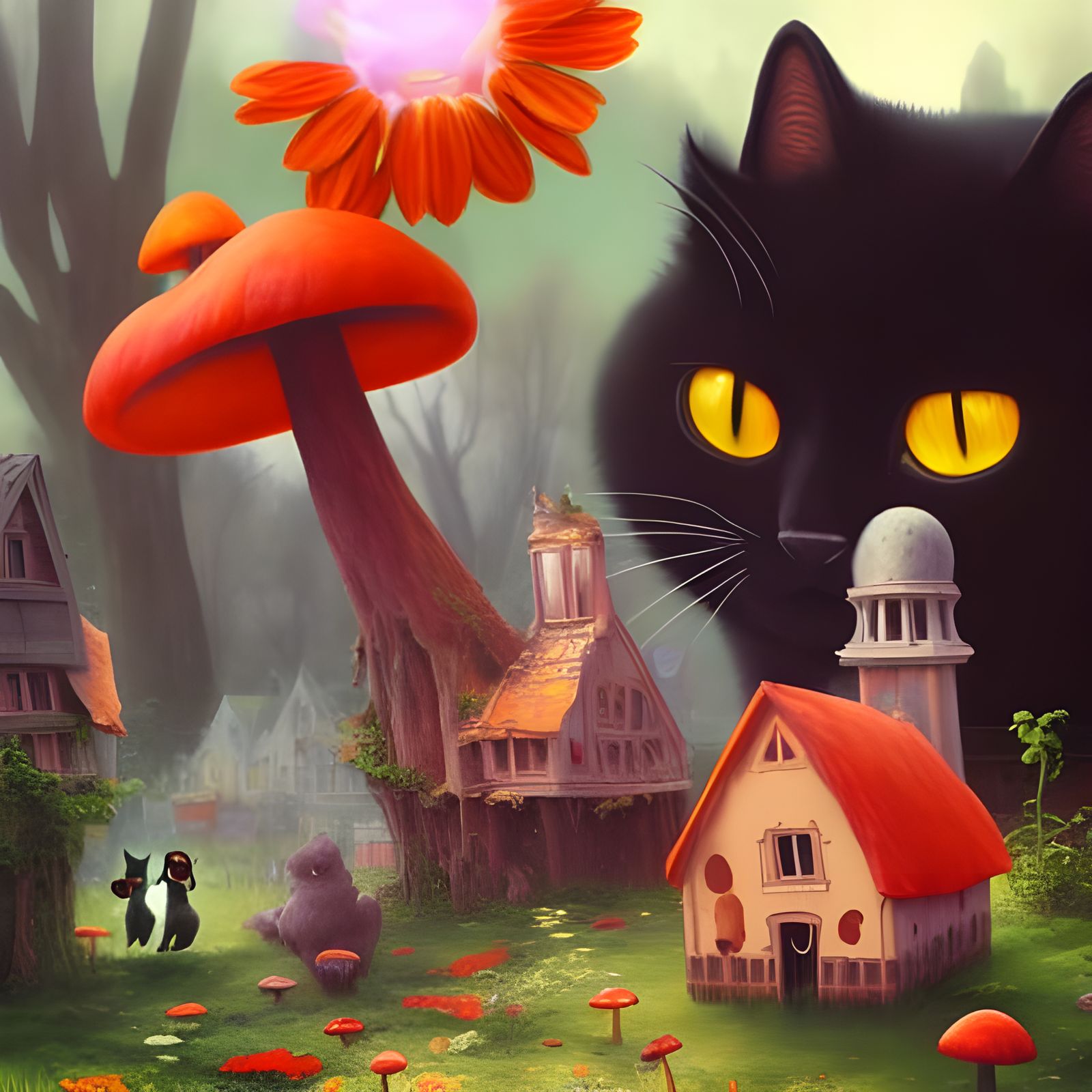 Giant Cat in Surreal Garden Landscape