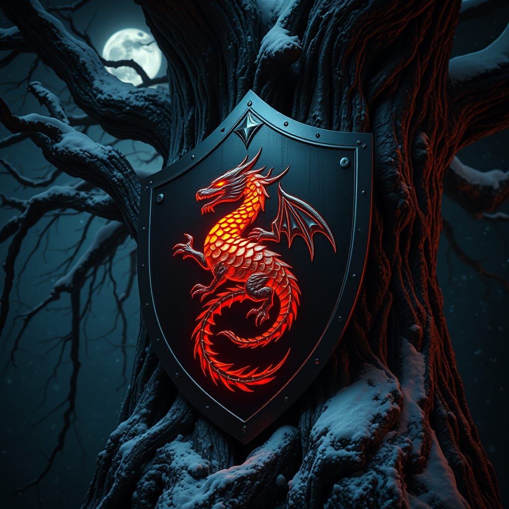 Cyberpunk Dragon Shield in Moonlit Forest