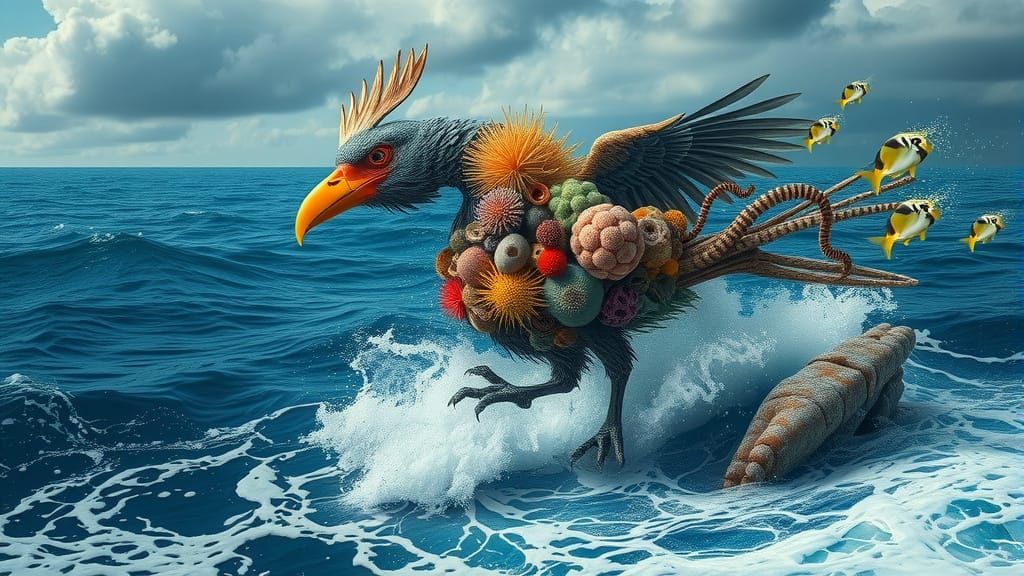 Surrealist Oceanic Bird Carries Vibrant Coral Reef Life