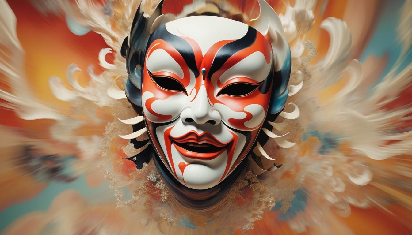 Kabuki Mask Floating in Surreal Fractal Dreamscape