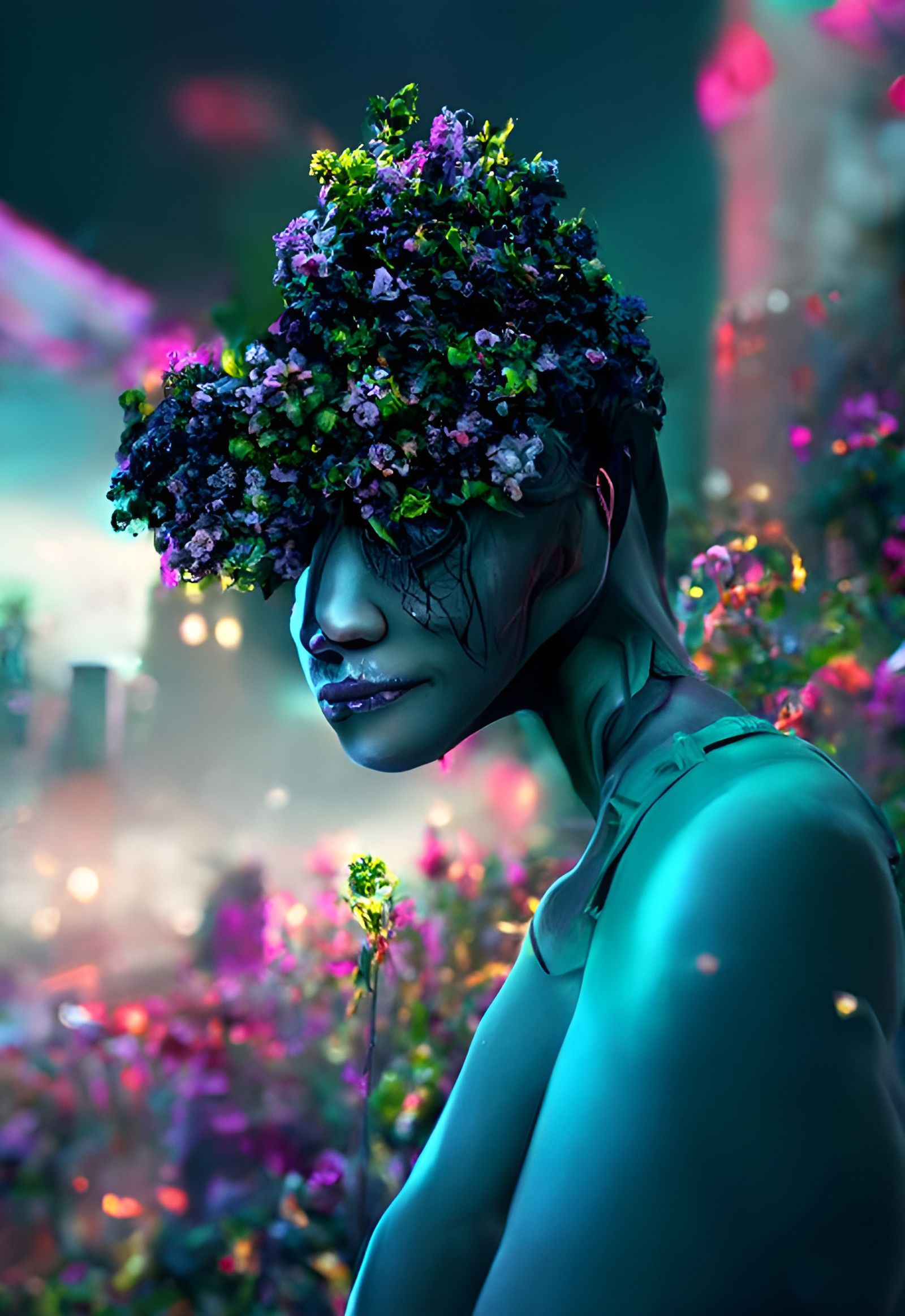 Floral Woman in Dystopian Nightscape