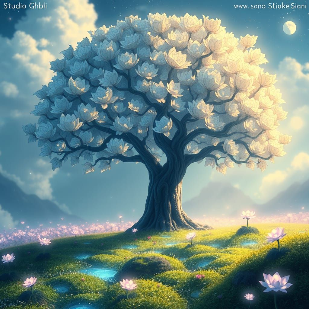 Ghibli-Style Tree with Iridescent Leaves