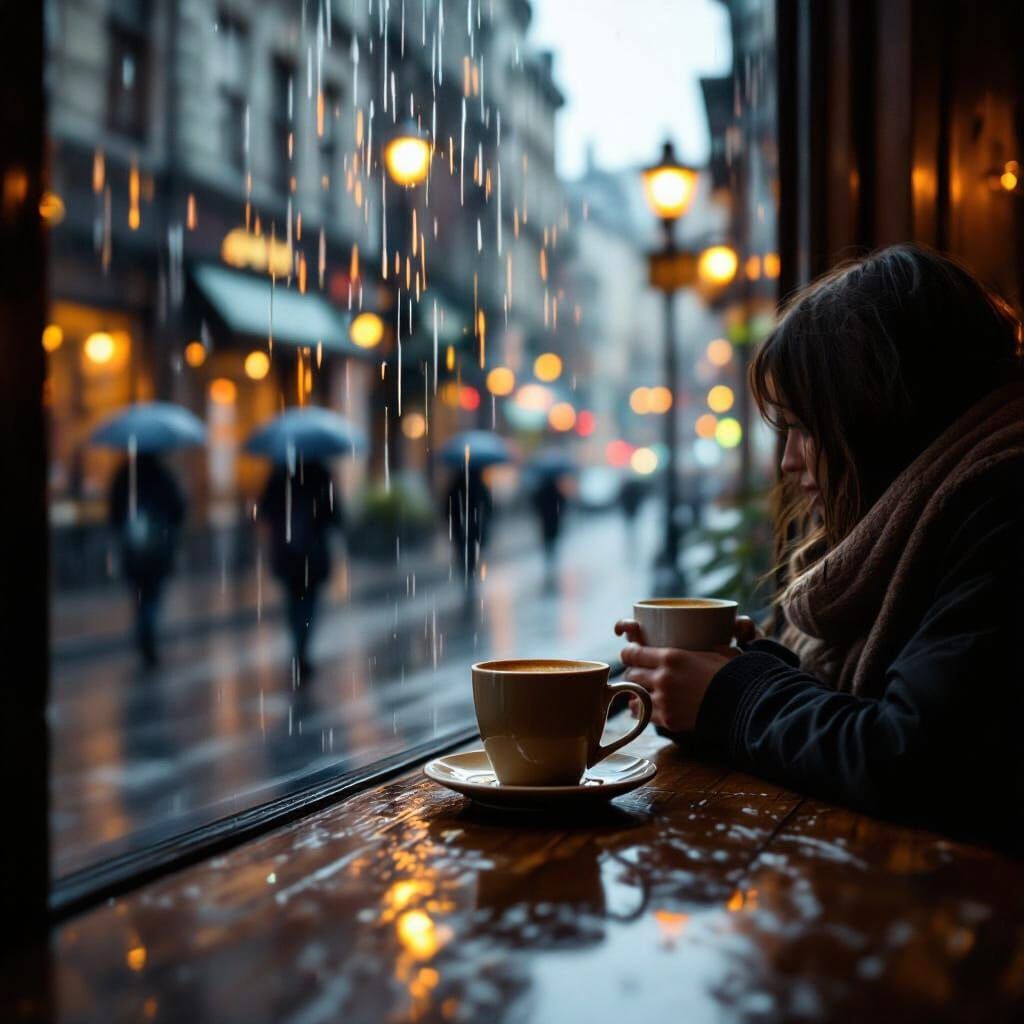 Cozy Cafe Interior on Rainy Day with Warm Light
