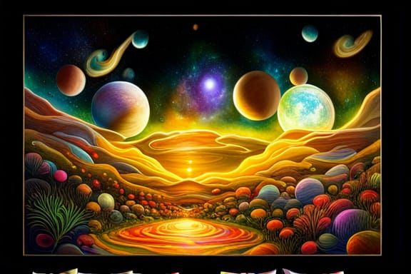 Iridescent Alien Zen Garden Under Cosmic Sky