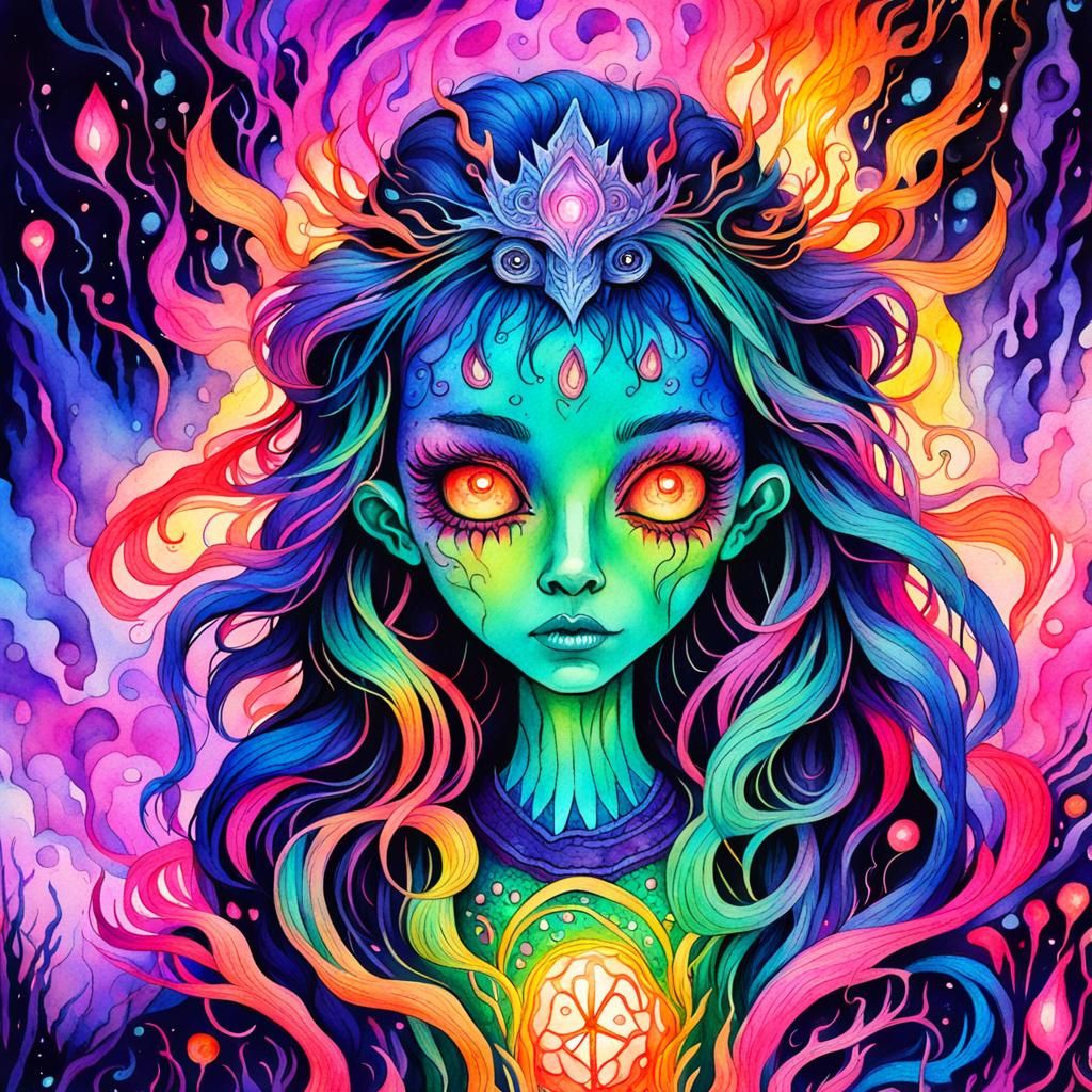 Ethereal Neon Princess Monster in Watercolor