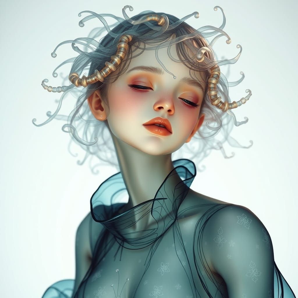 Glass Person with Intricate Glass Hair in Art Nouveau Style