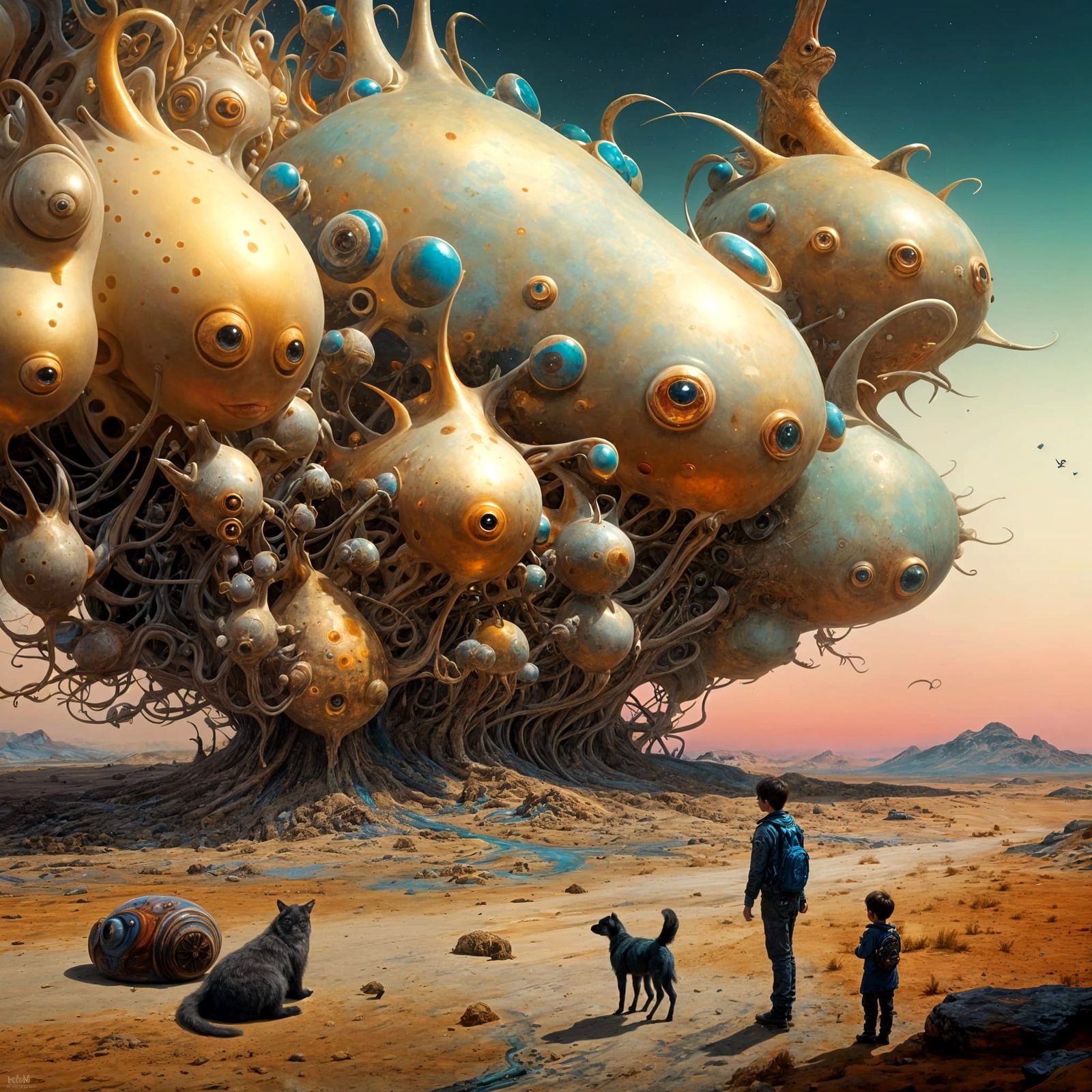 Abstract Alien Portraits with Pets in Bizarre Scene