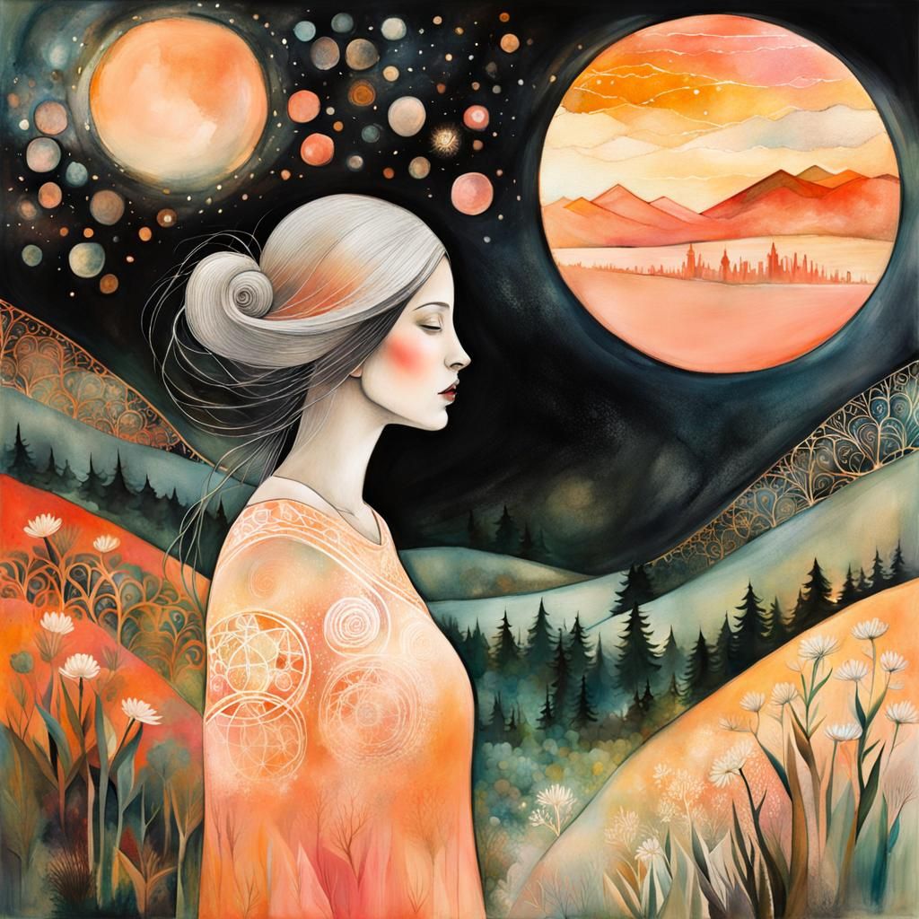 Woman and Summer Landscape in Watercolor Double Exposure