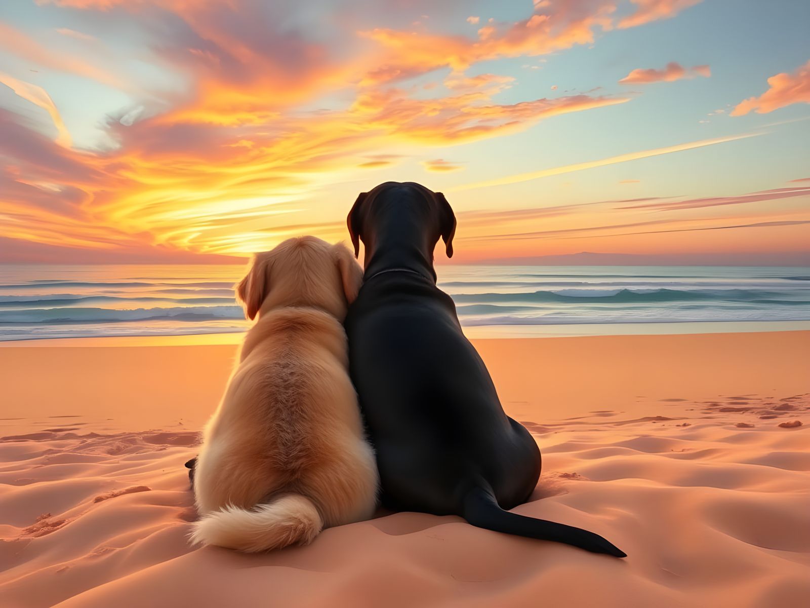 Twin Canines Bask in Sunset Beach Scene