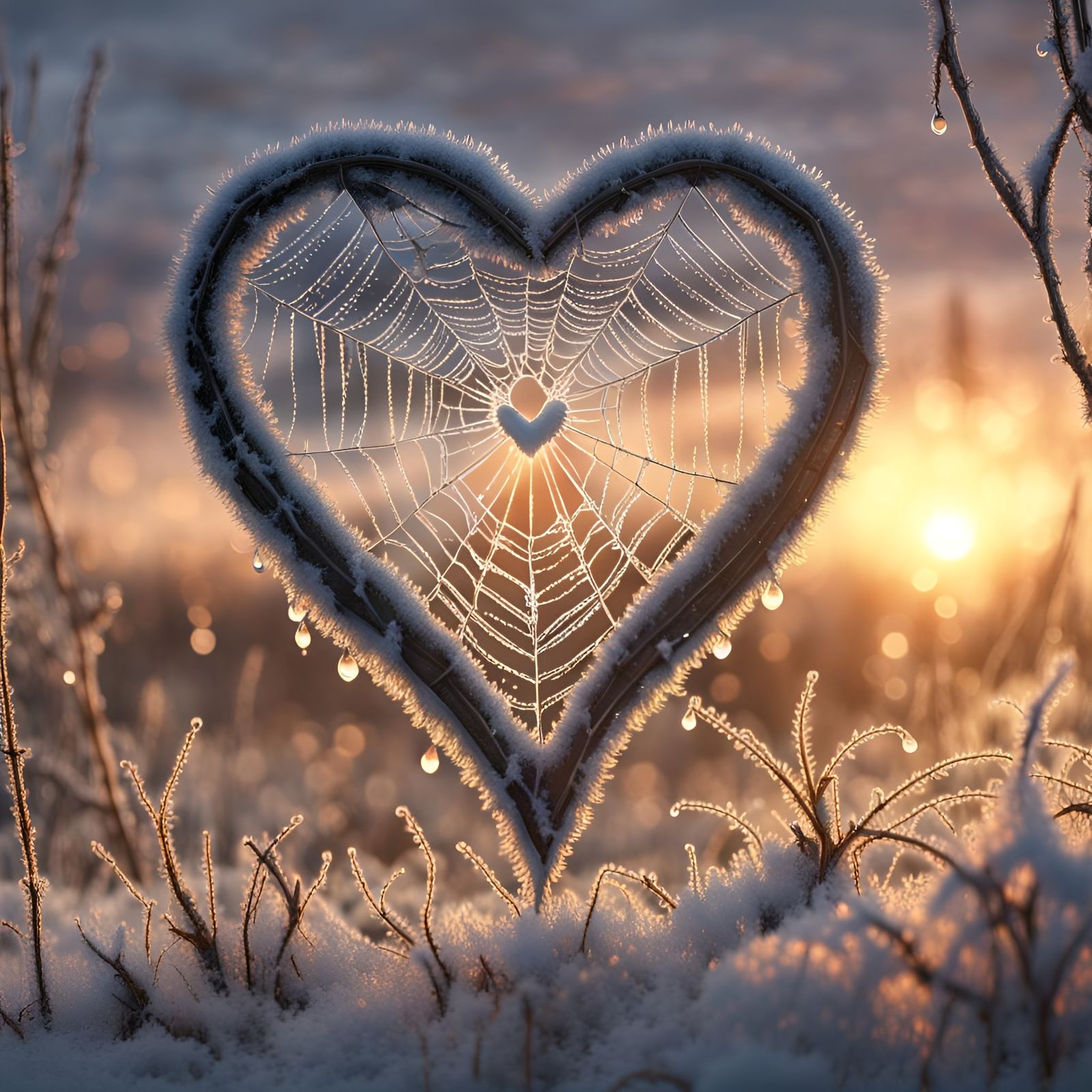 Heart-Shaped Spiderweb with Dew Drops, Detailed Matte Painti...