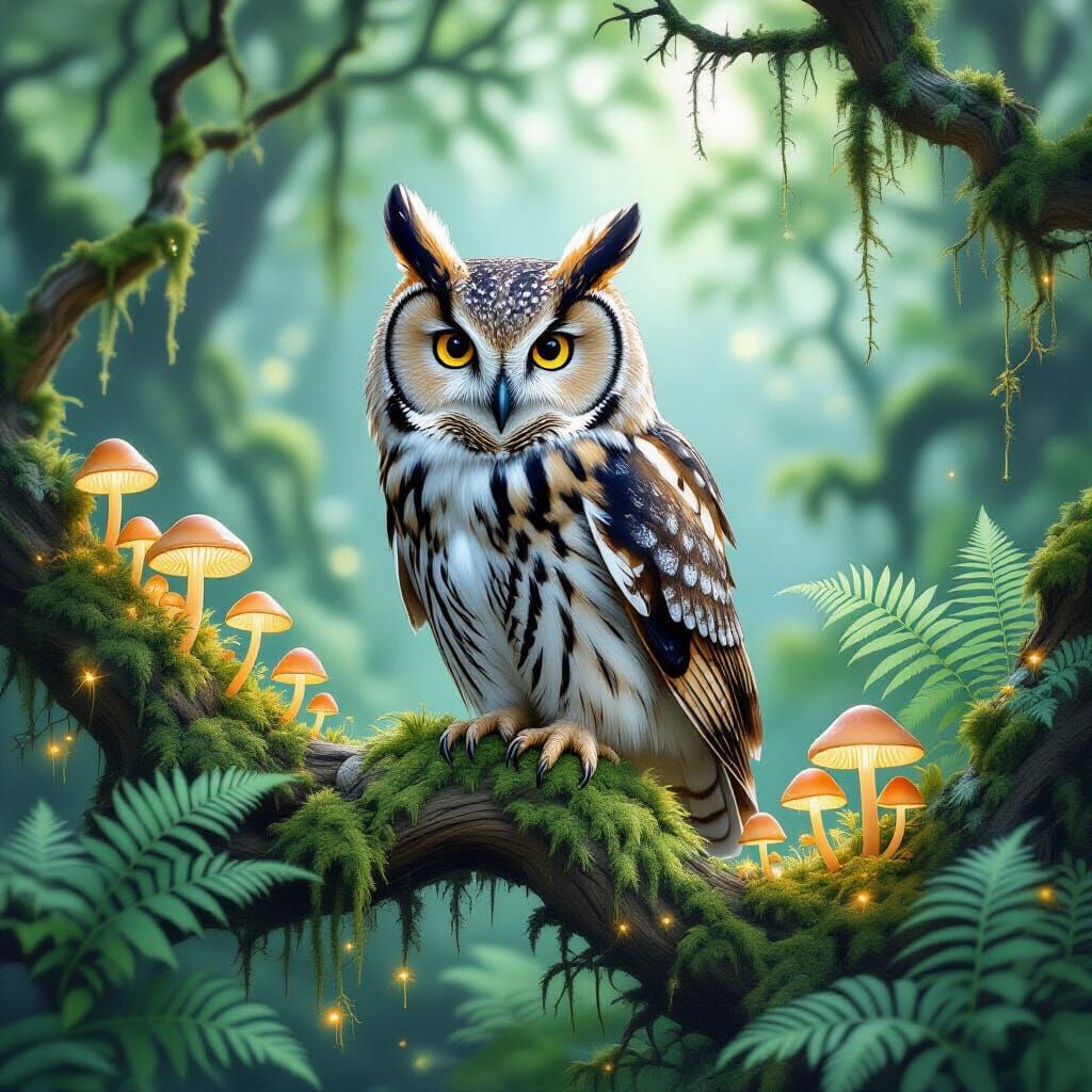 Hyperrealistic Owl on Mossy Branch in Enchanted Forest
