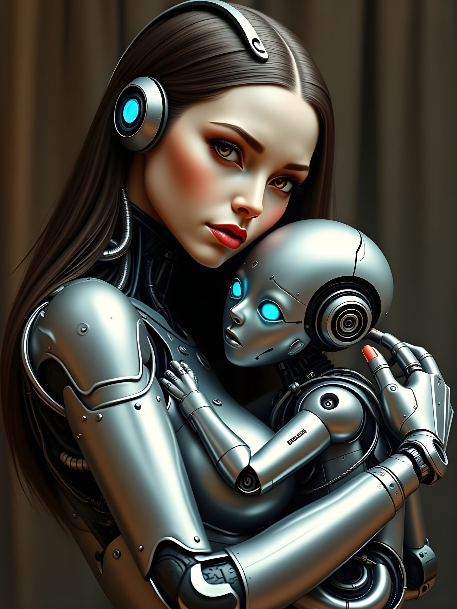 Cyborg Nanny Tenderly Holds Robot Baby in Her Metallic Arms