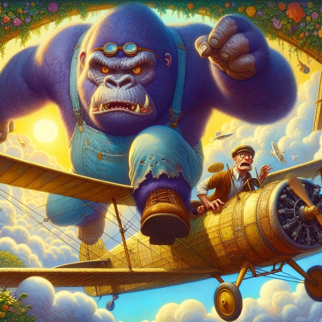 Giant Purple Gorilla on a Biplane Wing