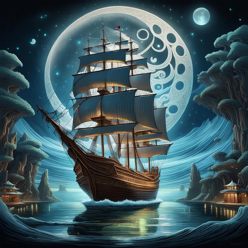 Majestic Ship Glides on Bioluminescent Ocean