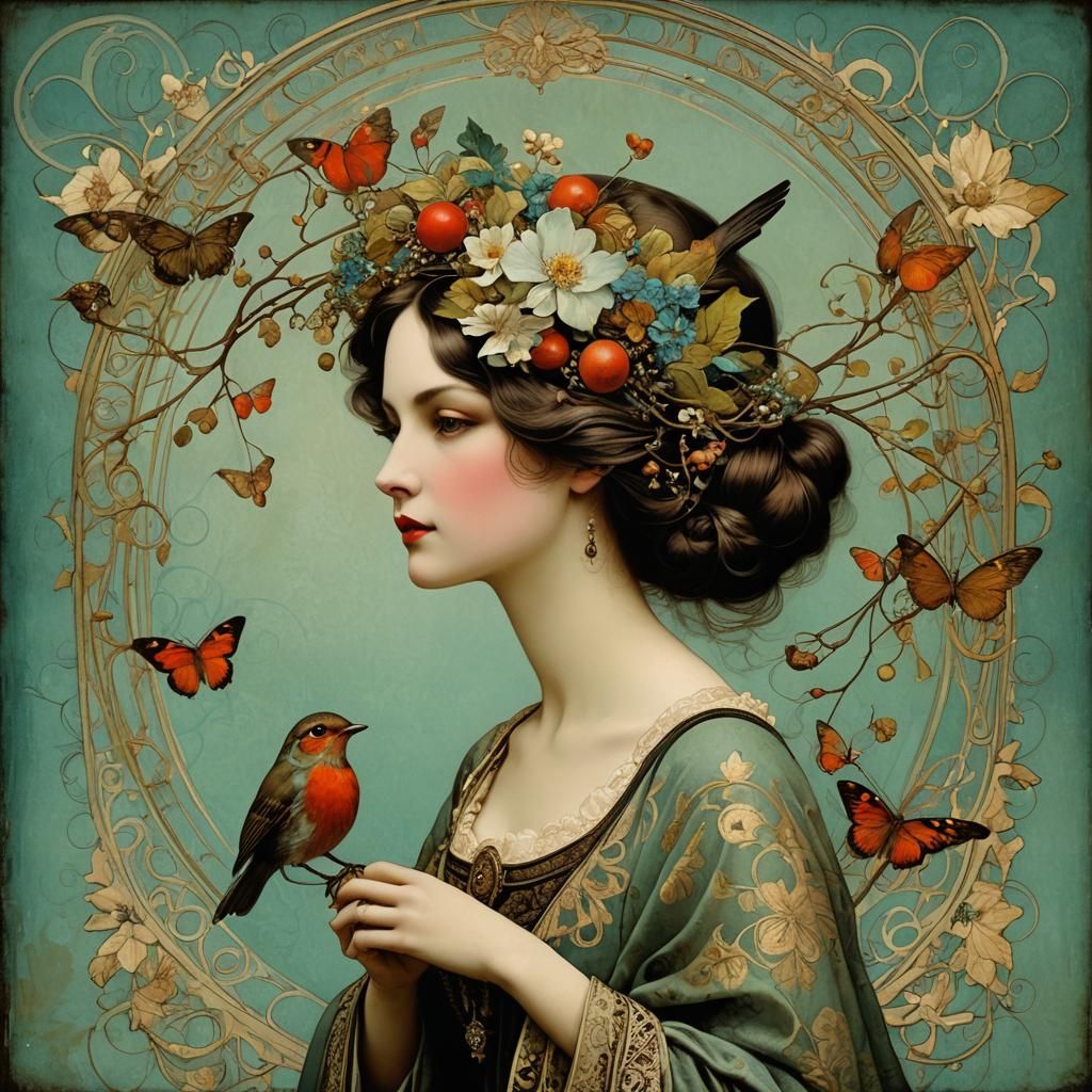 Surreal Robin in Art Nouveau Style