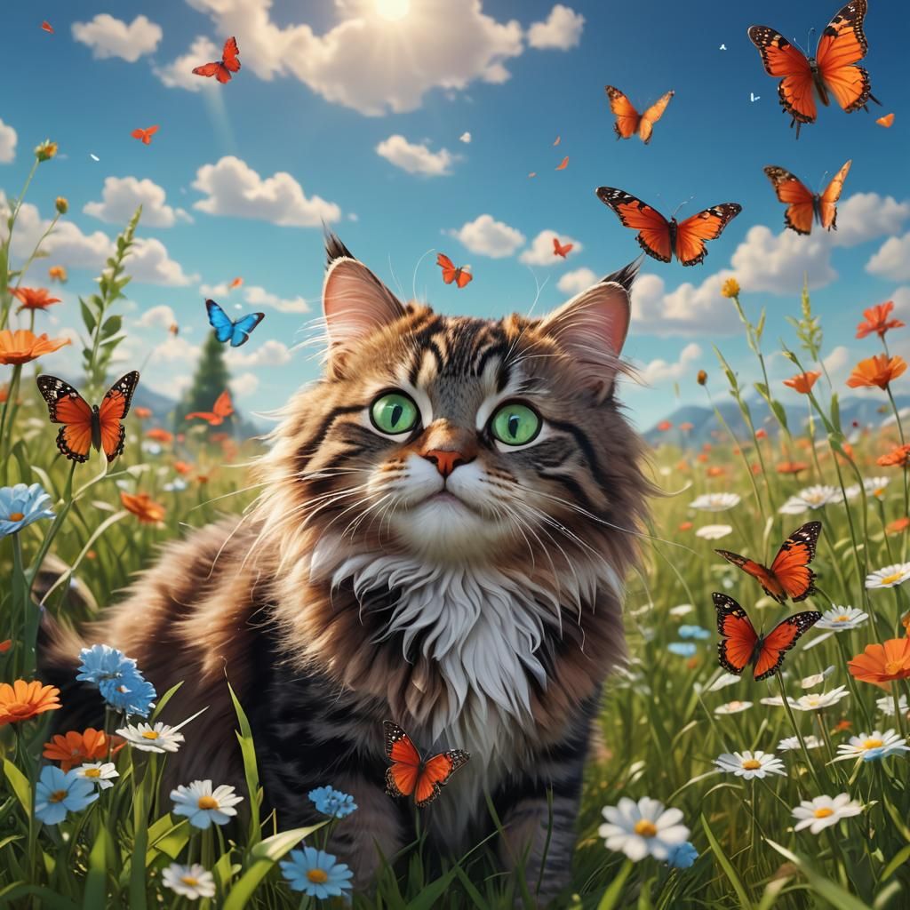 Tabby Cat and Butterfly: 3D Digital Art