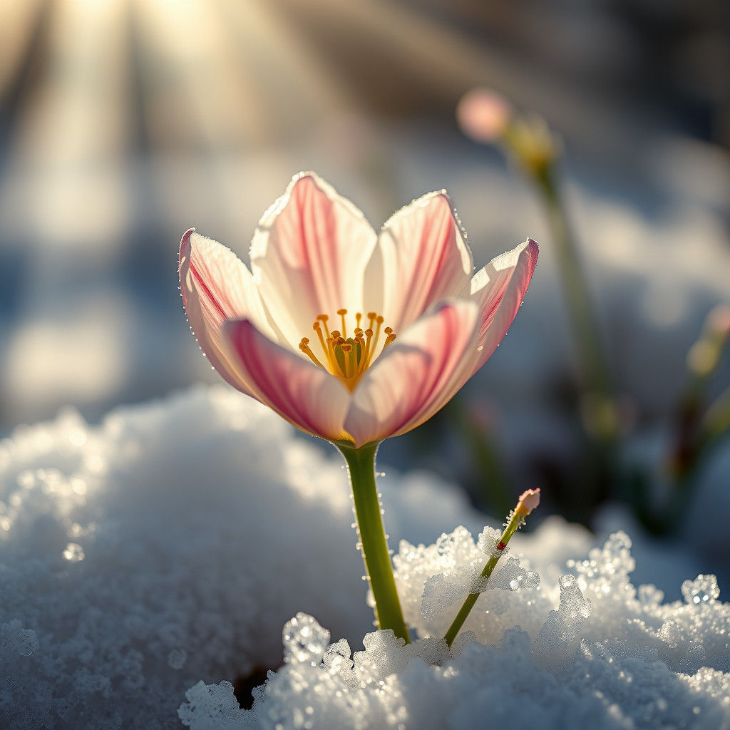 Spring Flower Blooms Through Blizzard in Macro Photo