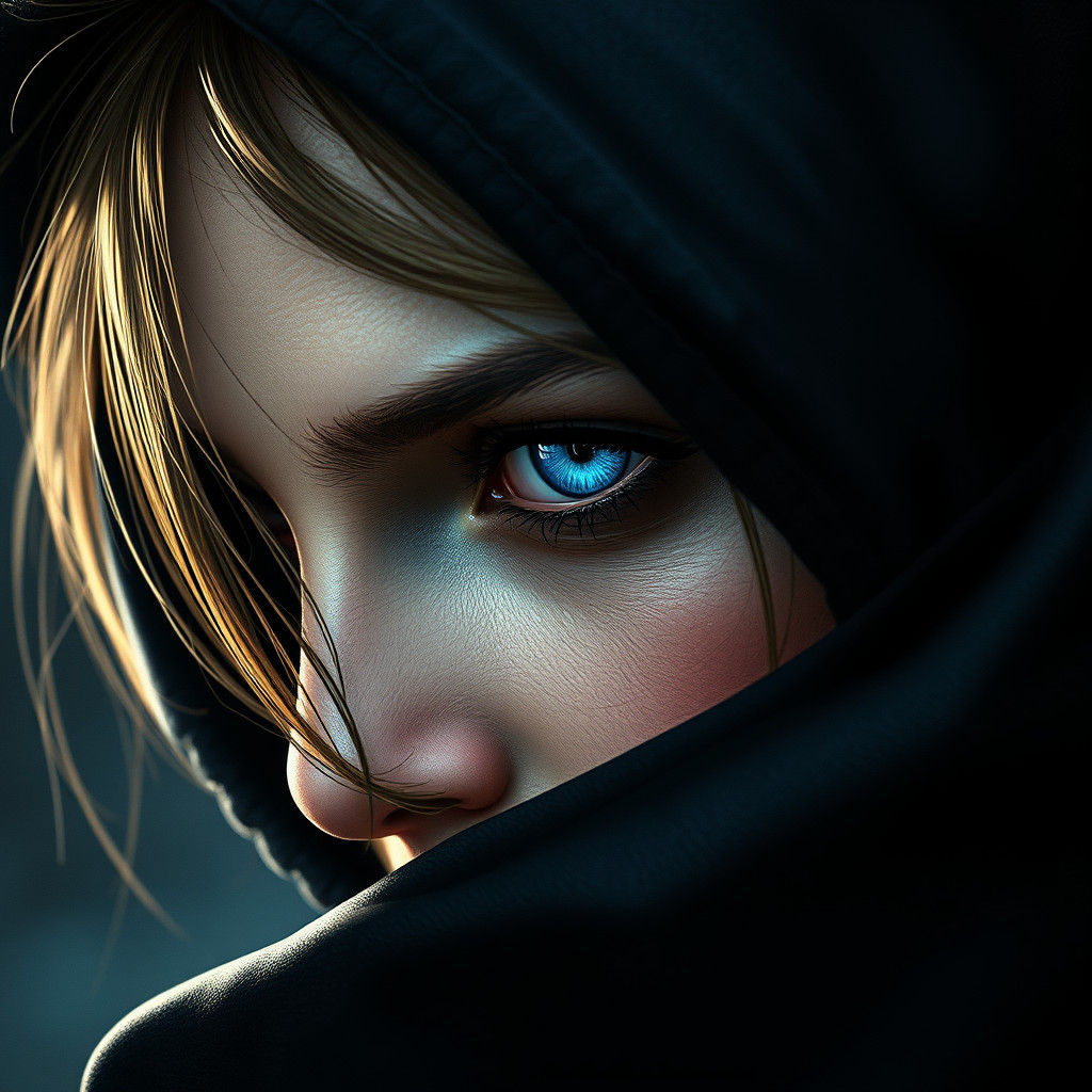 Enigmatic Woman with Piercing Blue Eye, Fantasy Art