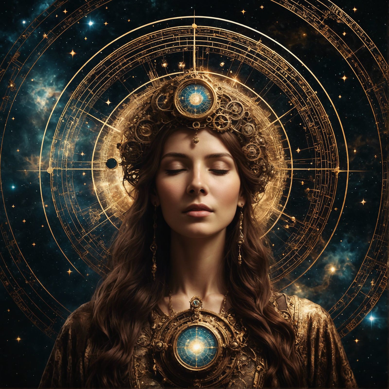 Antique Portrait of Woman with Starry Sky Map