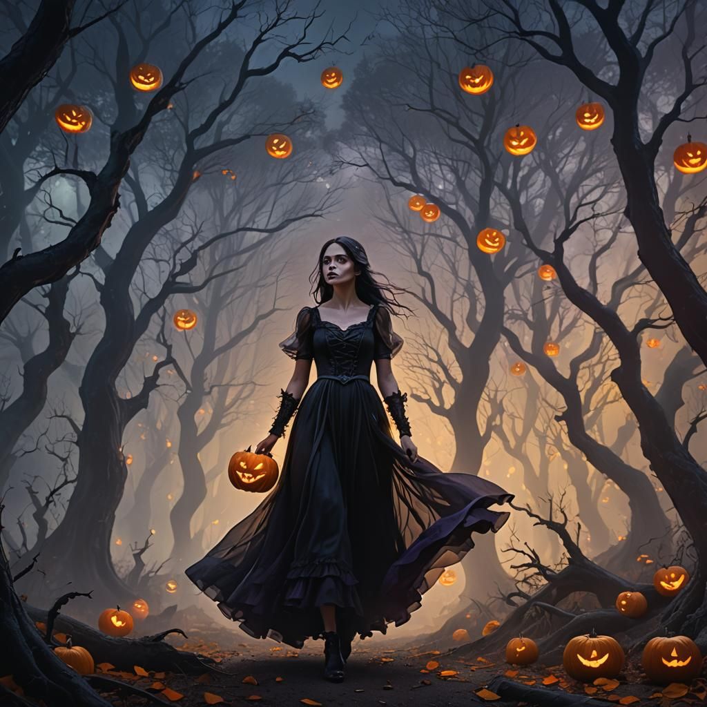 Halloween Girl in Misty Forest: Fantasy Matte Painting
