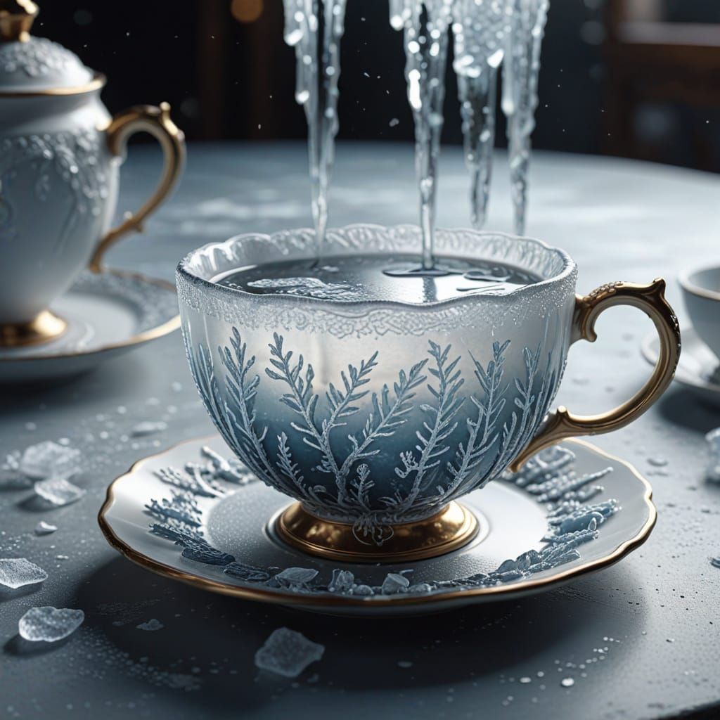 Elegant Teacup Covered in Ice, Hyperrealistic Art