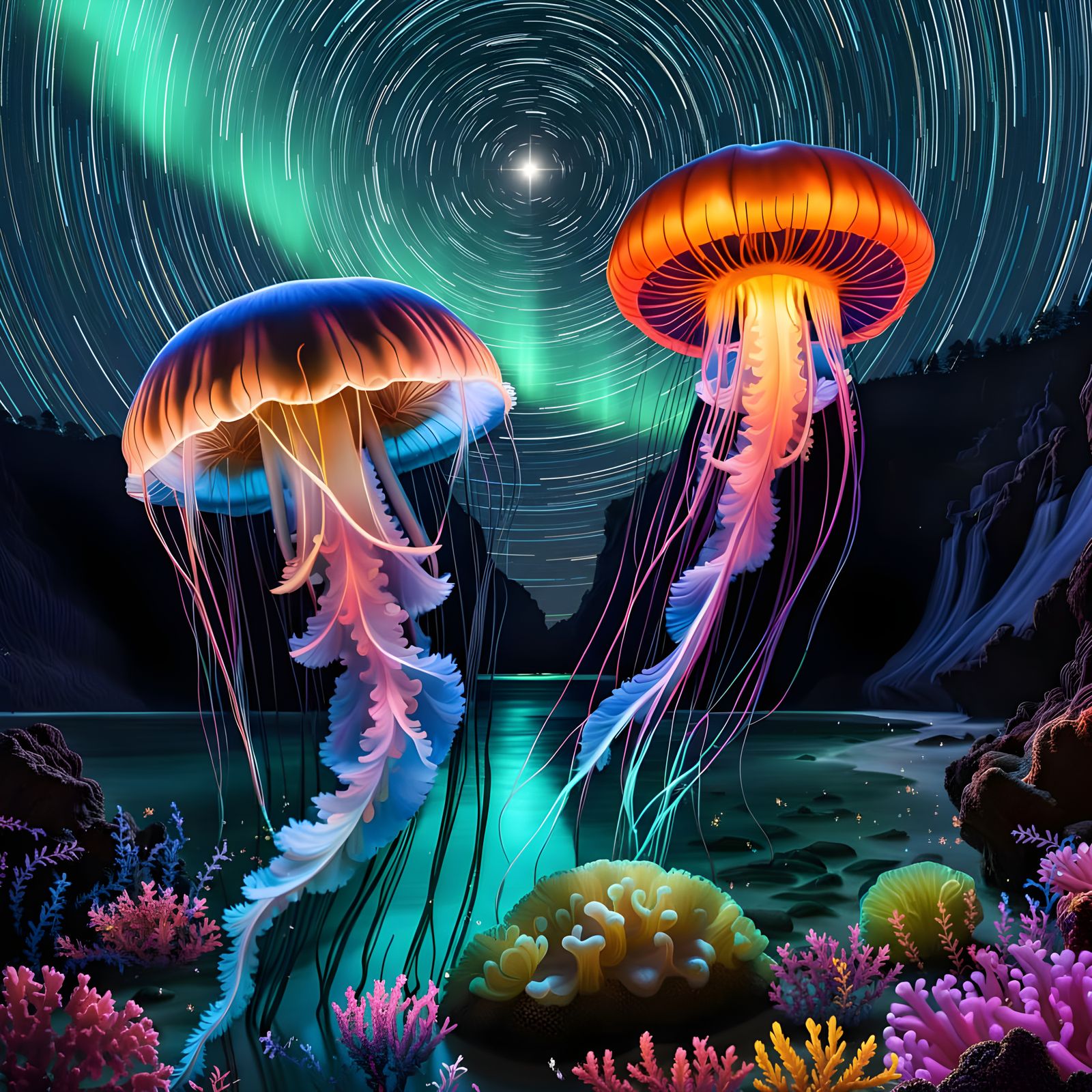Bioluminescent Jellyfish Under Star Trails