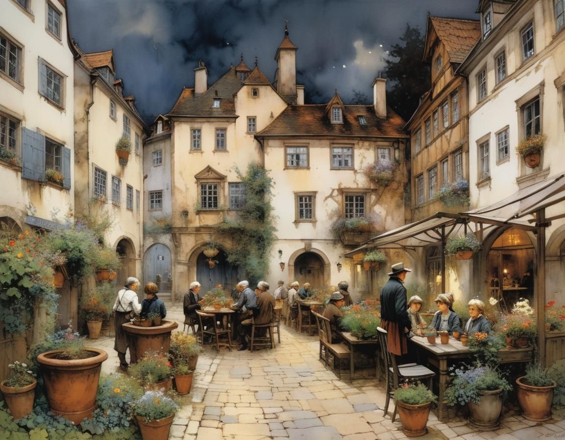 Whimsical German Courtyard Scene in Deep, Mysterious Colors