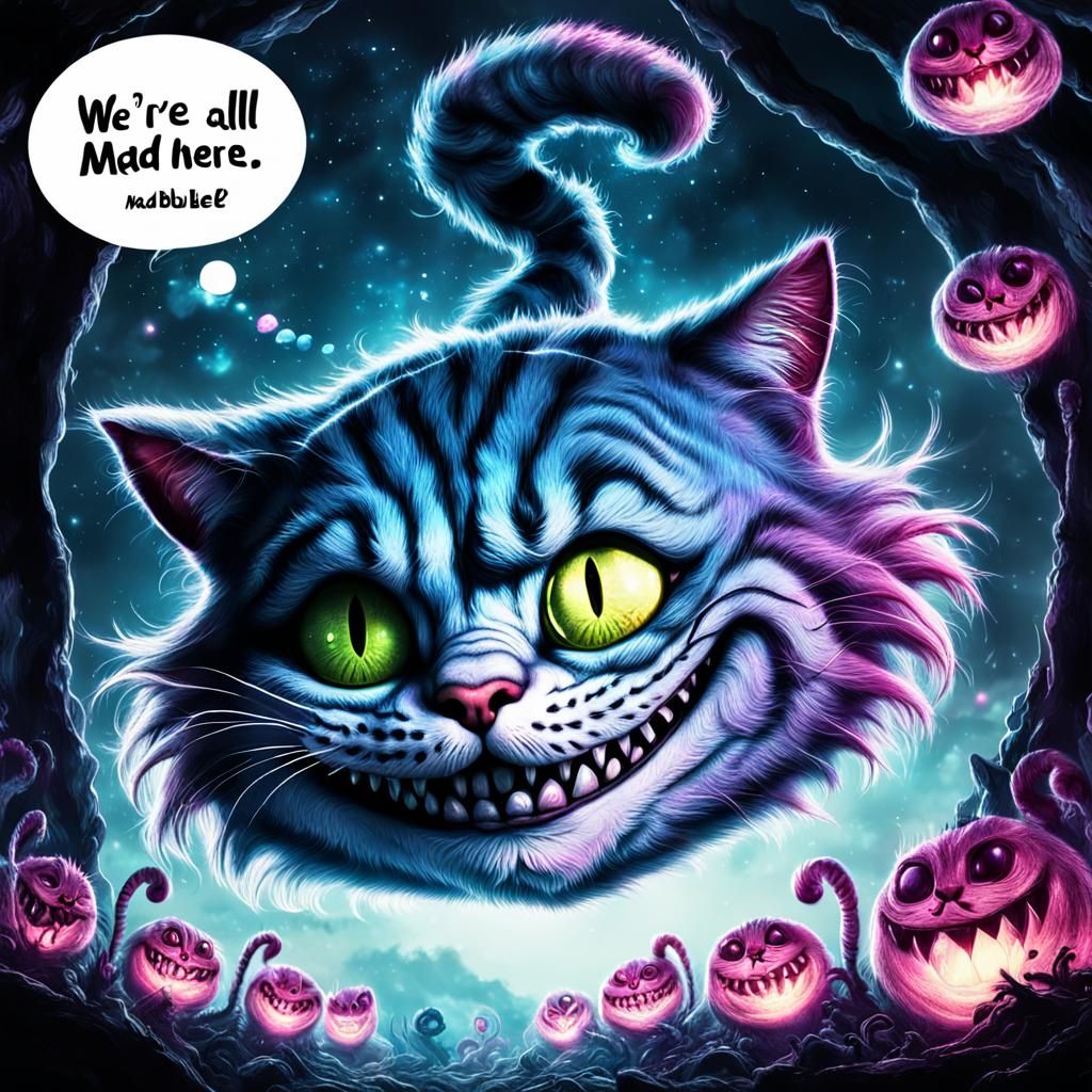 Hyperrealistic Cheshire Cat with Quote in Thought Bubble