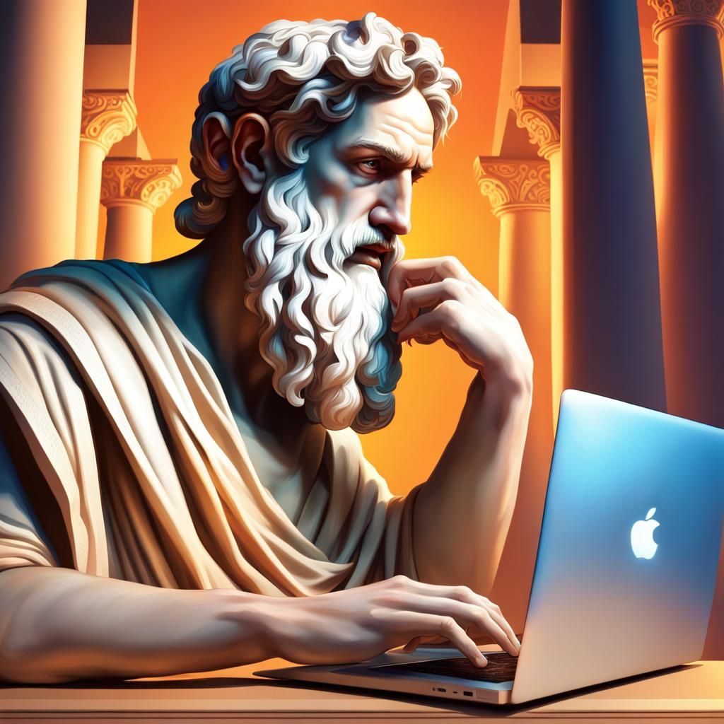 Philosopher Using Macbook in Hyperrealistic Splash Art
