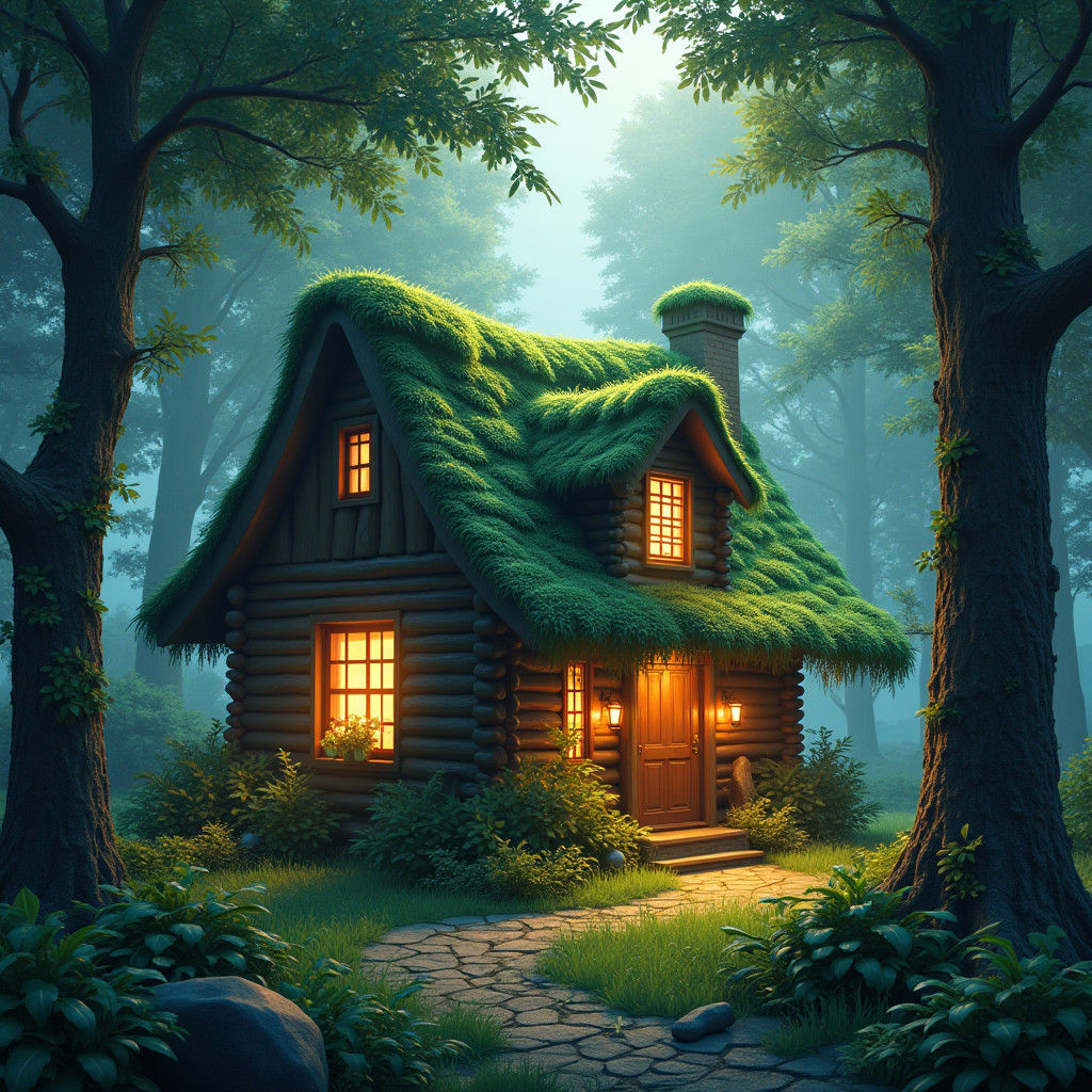 Cozy Cabin in Mystical Forest: A Detailed Matte Painting