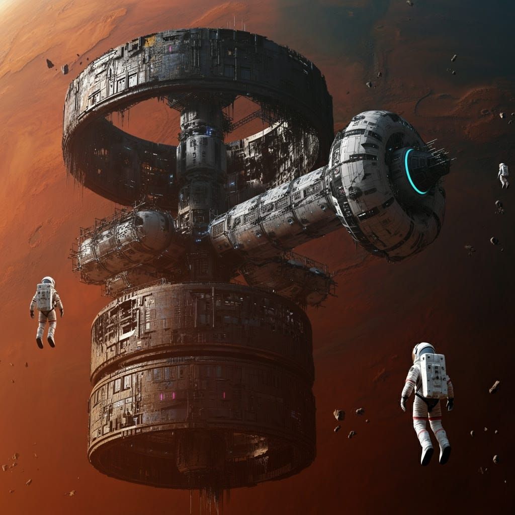 Derelict Space Station near Mars in Cyberpunk Style