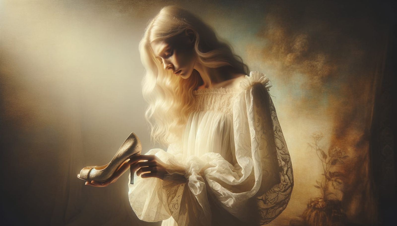 Distressed Woman with Broken Heel in Dreamy Lighting