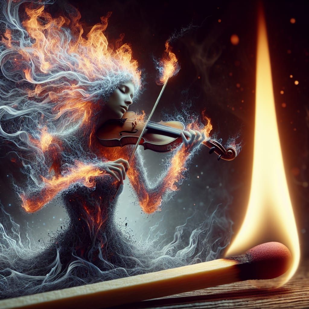 Ethereal Fire Violinist in Surreal Inferno