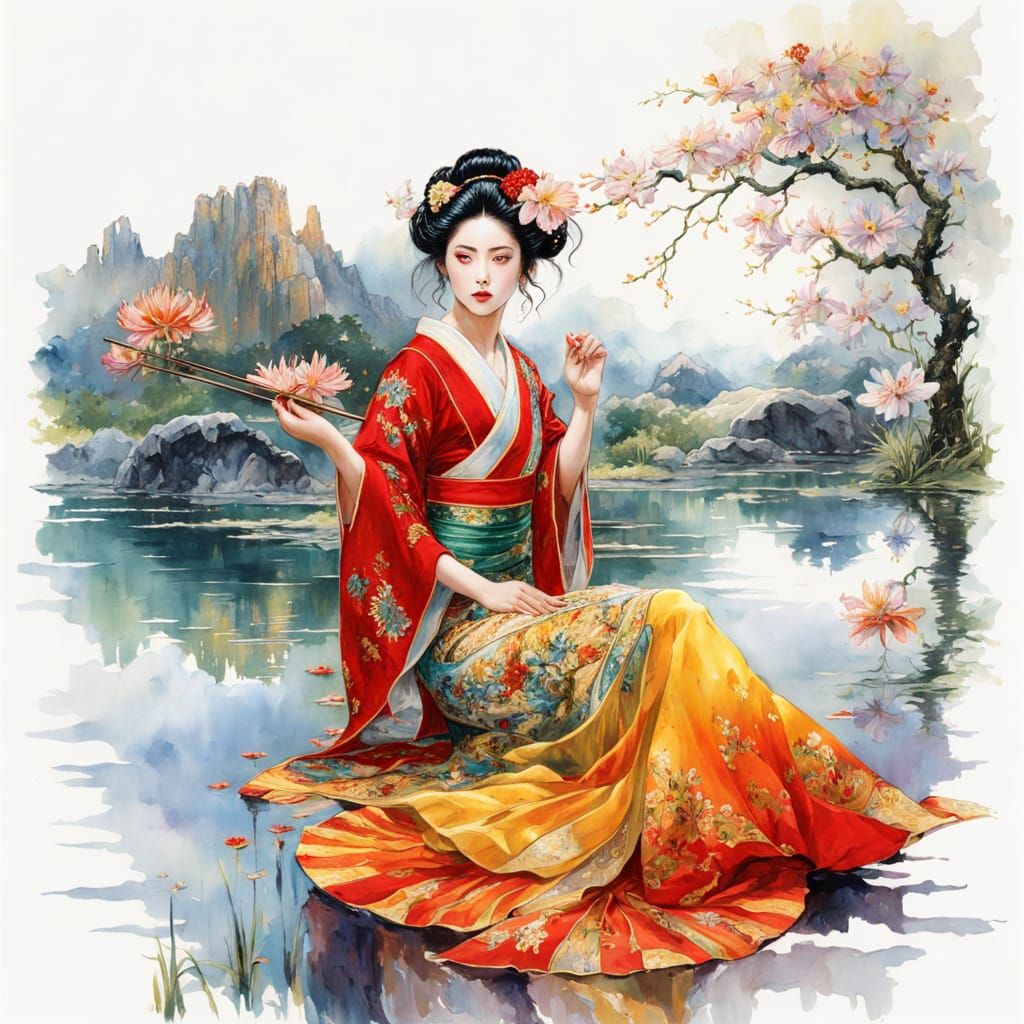 Geisha in Mirrored Reflection: Dark Fantasy Art