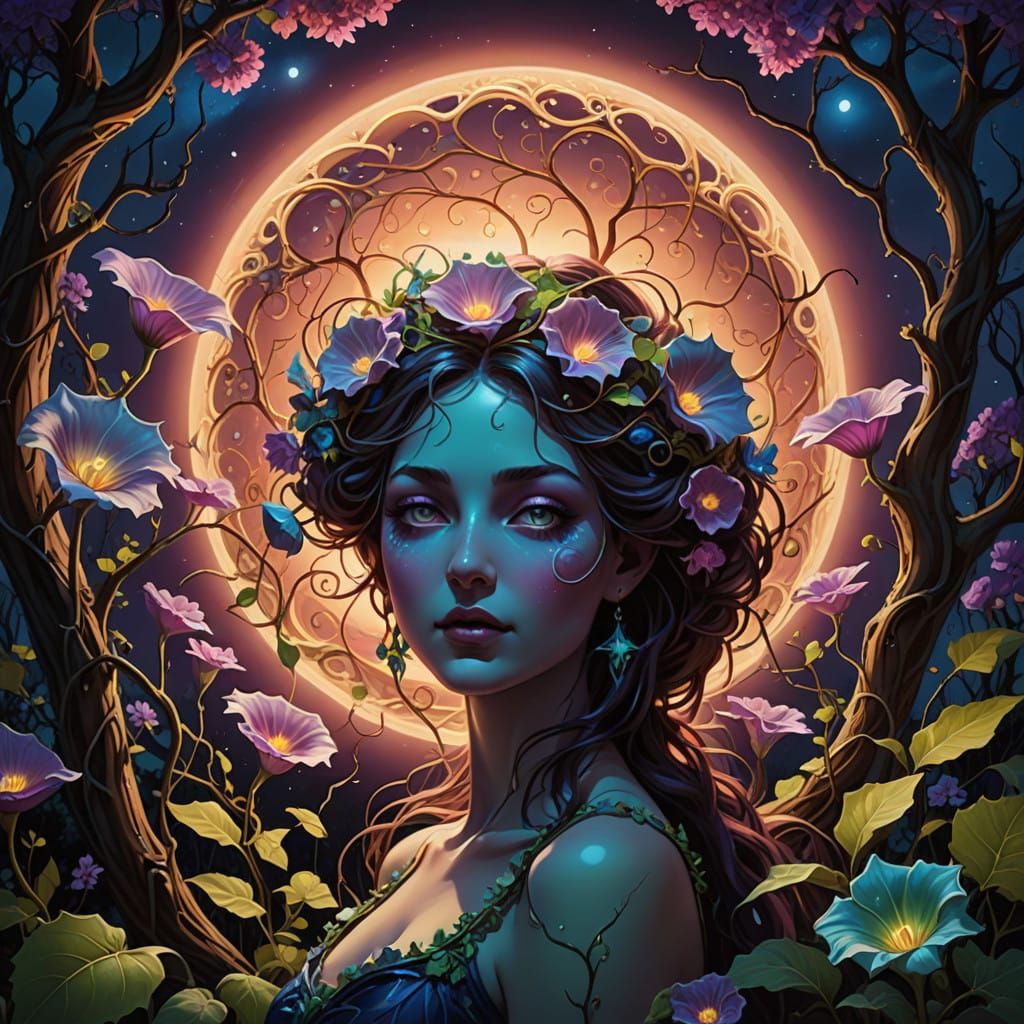 Surreal Blood Moon Illuminates Enchanted Forest Clearing