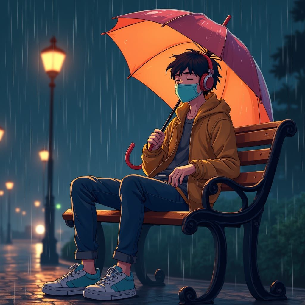 Man in Colorful Mask Smiles on Rainy Park Bench