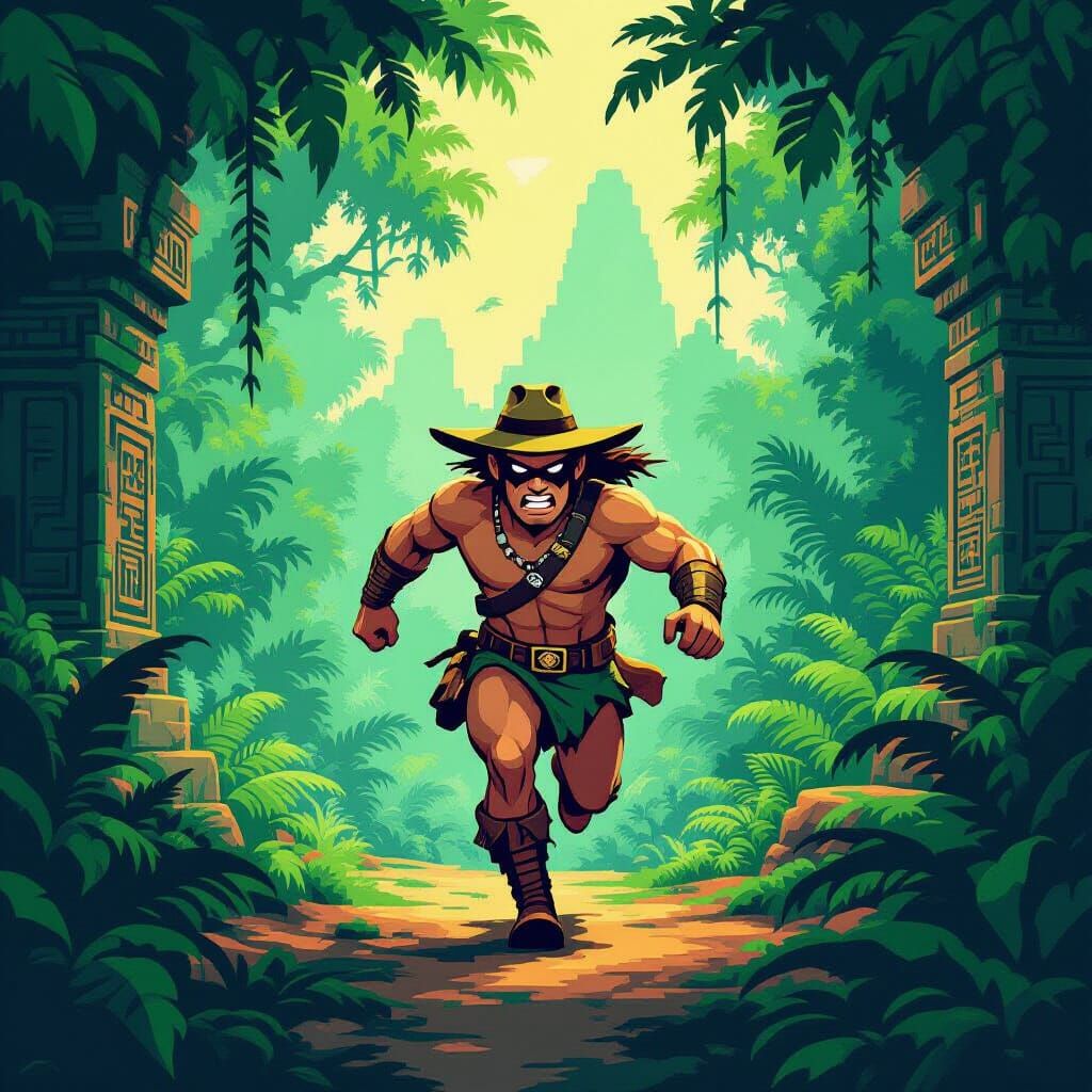 Pitfall Harry's Perilous Jungle Escape: 8-bit Retro Game Art