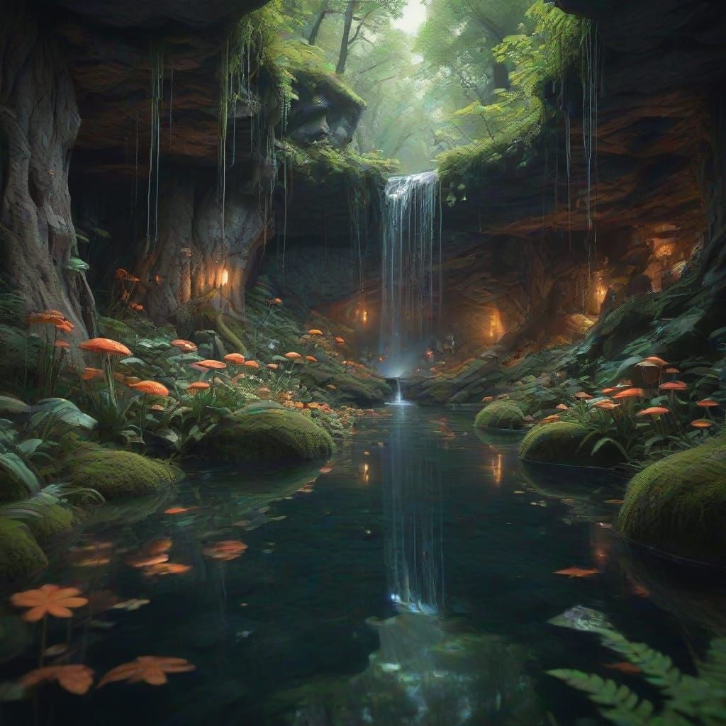 Ethereal Grotto Scene in Hyperrealistic Style