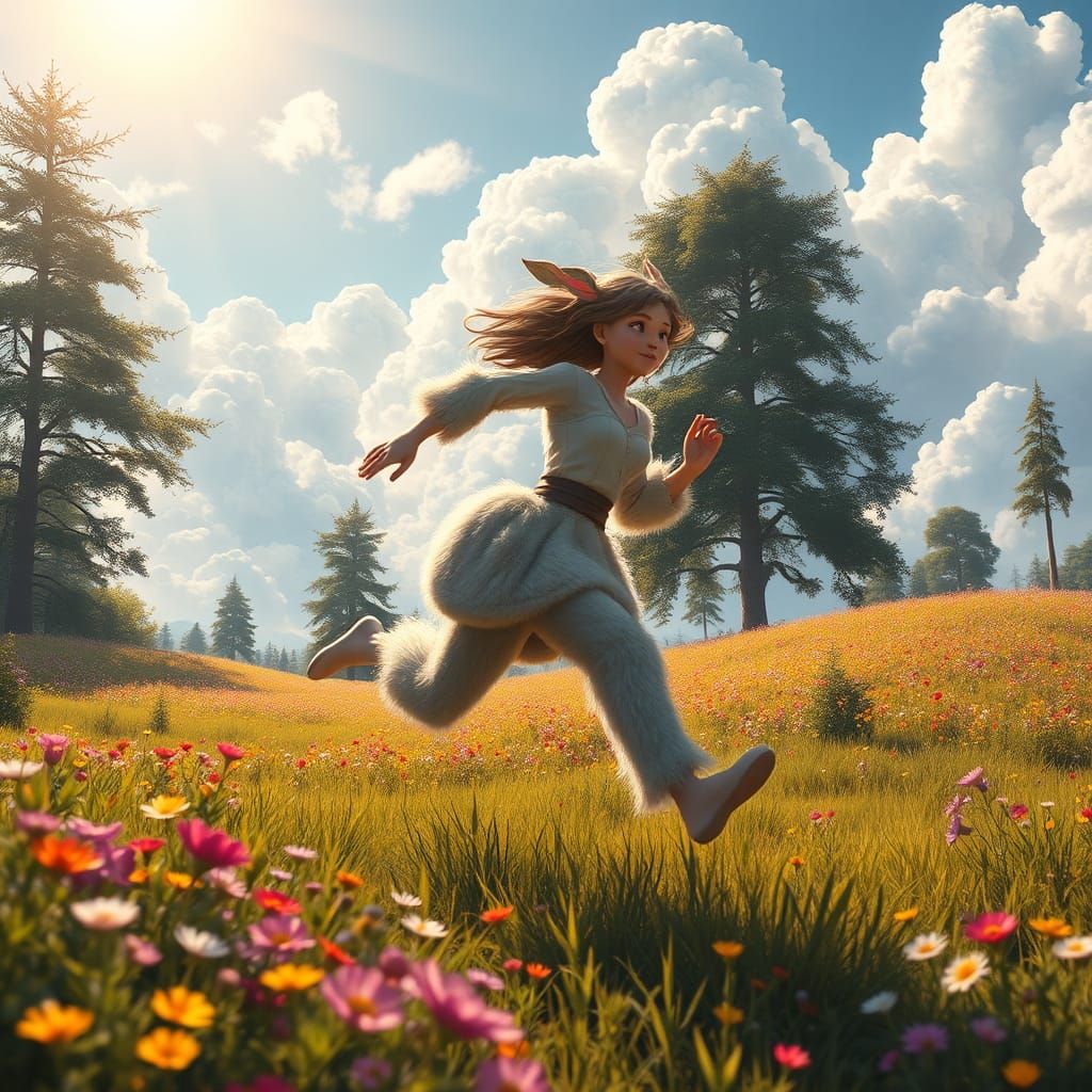 Whimsical Furry Woman Runs Through Wildflower Meadow