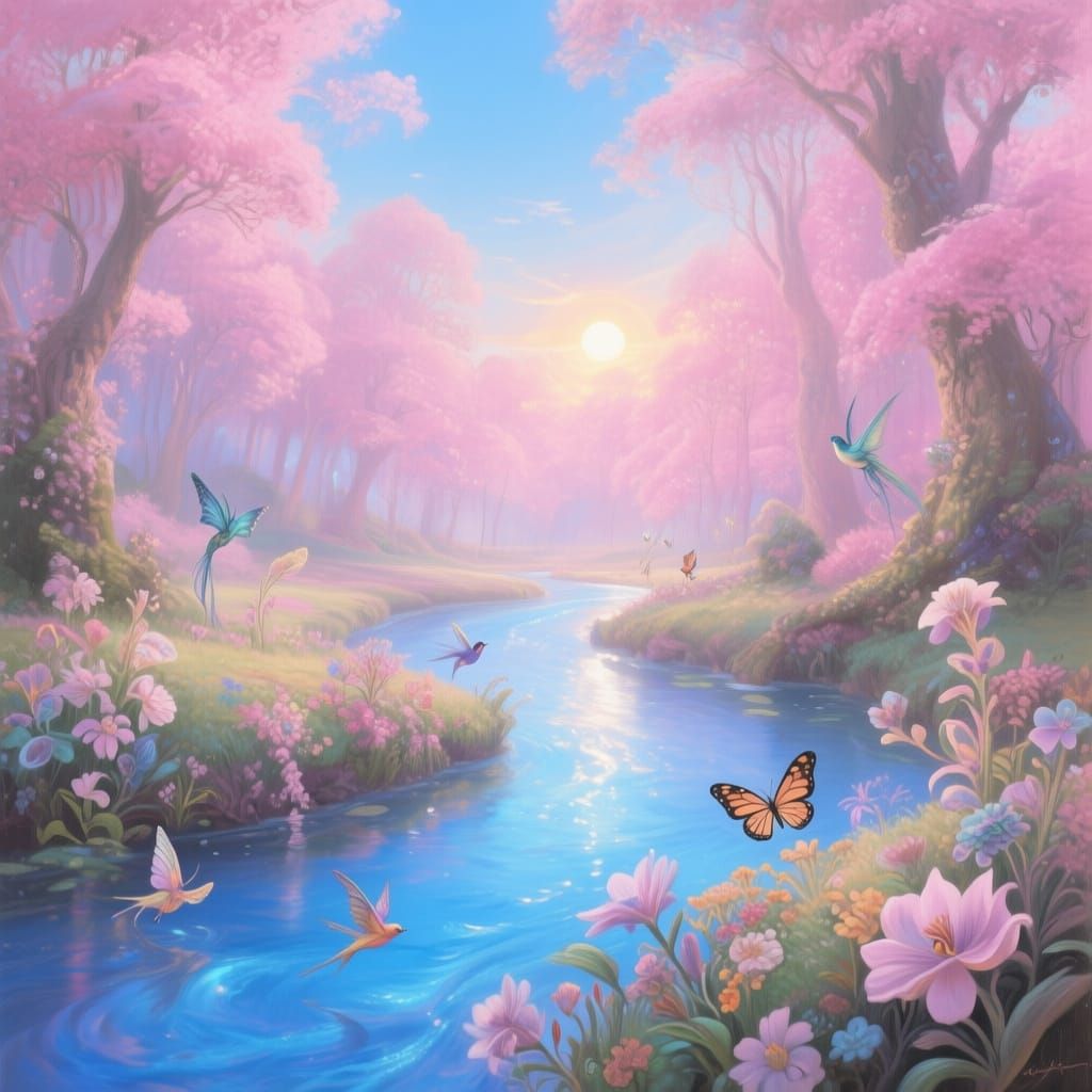 Enchanted Pink Forest Oil Painting with Sparkling Stream
