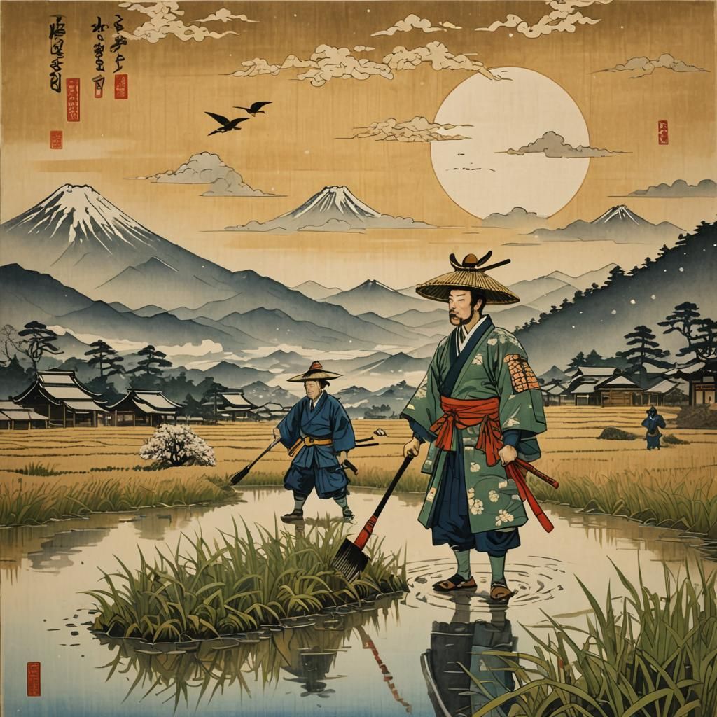 Daimyo in Rice Field: Ukiyo-e Woodblock Print