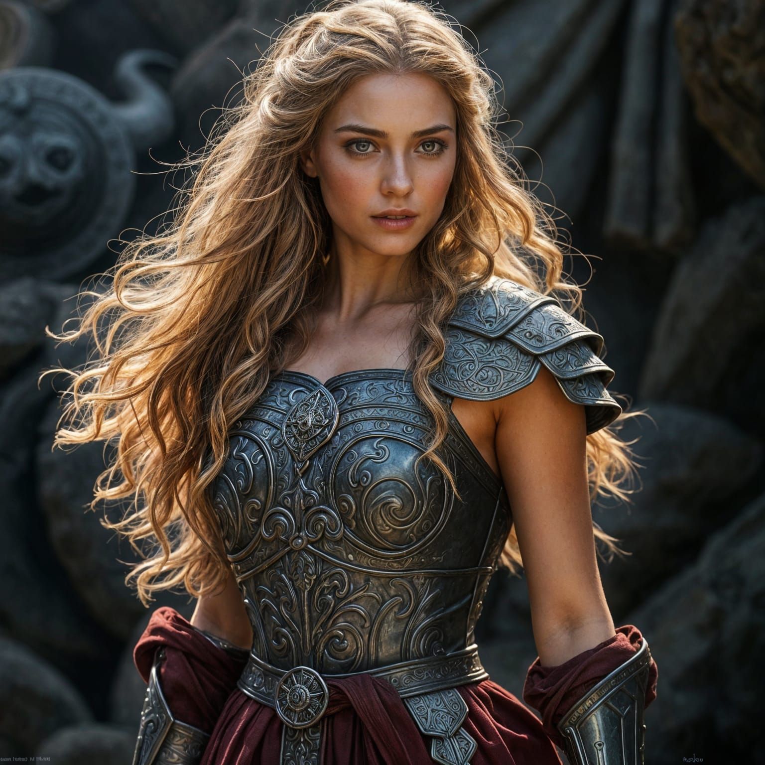 Beautiful Viking Woman in Shiny Armor Dress