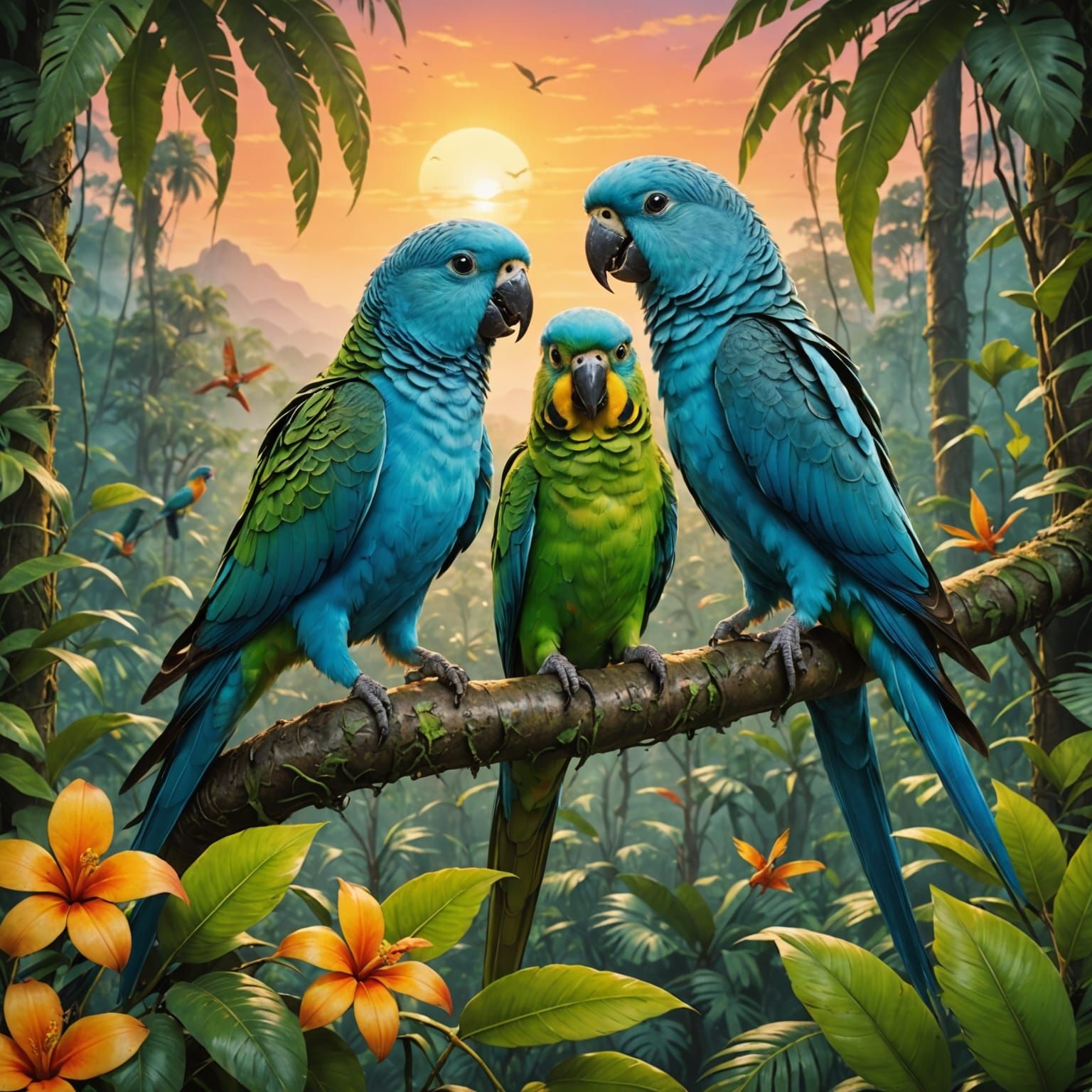 Vibrant Jungle Parakeets at Sunset