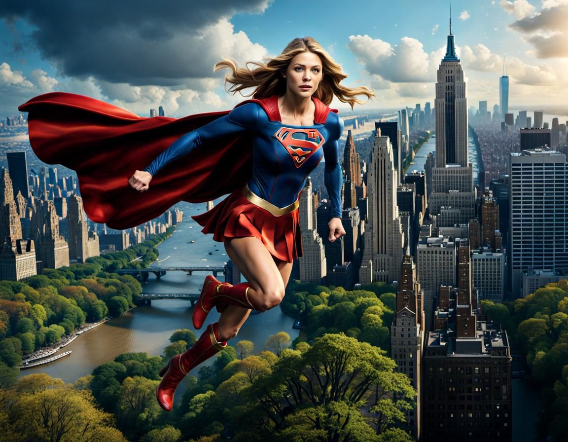 Melissa Benoit as Supergirl above Central Park