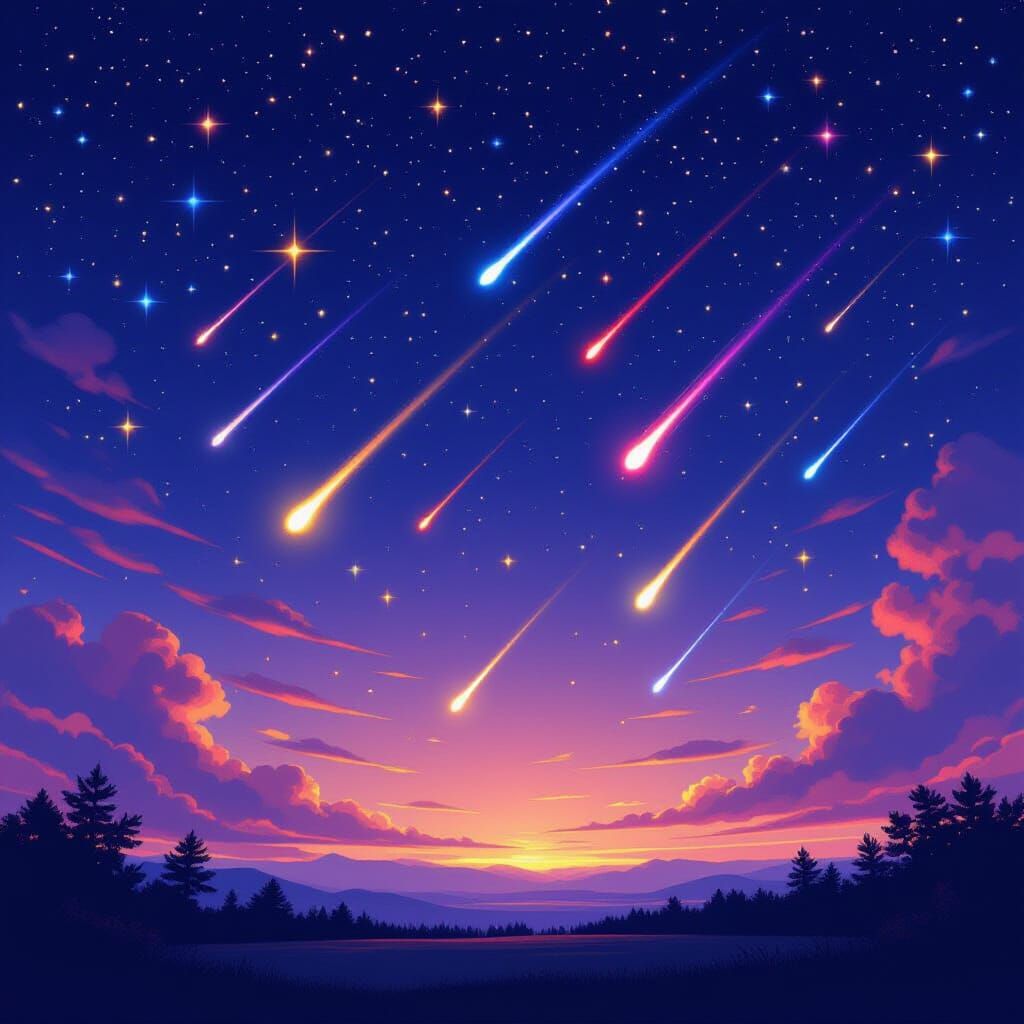 Vibrant Night Sky with Shooting Stars