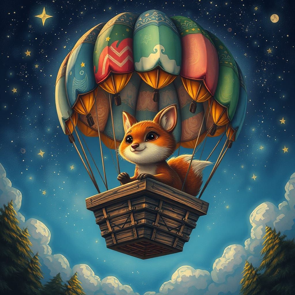 Woodland Creature in Hot Air Balloon, Digital Painting