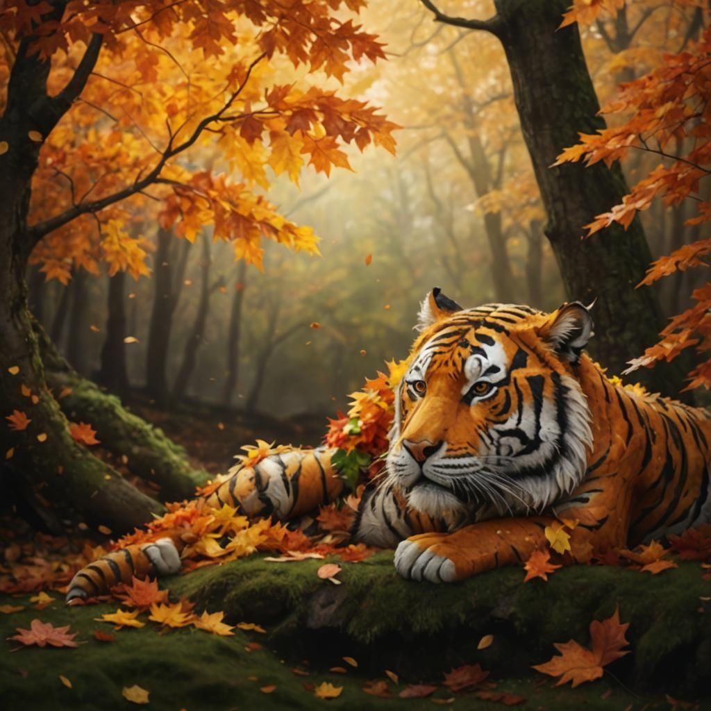 Autumnal Tiger: A Sculpture of Fall Leaves