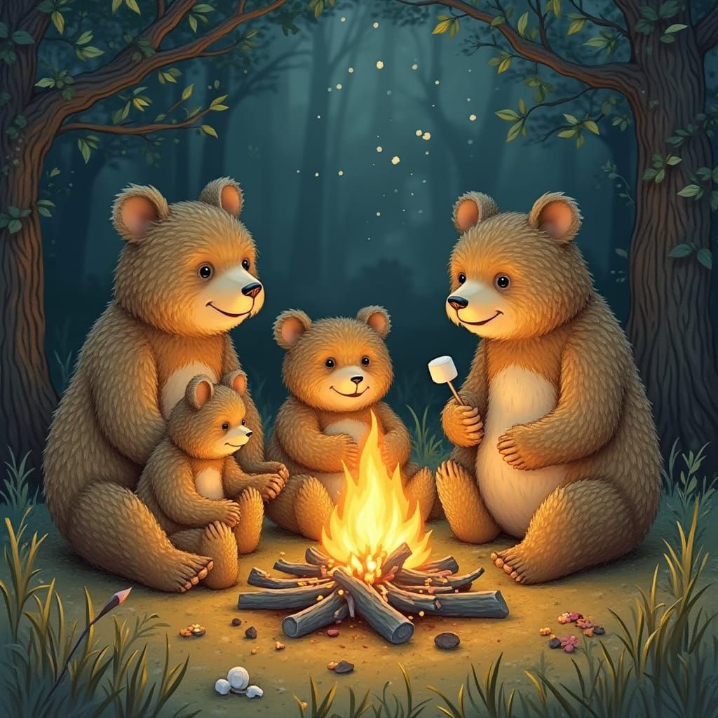 Bears Around Campfire in Art Nouveau Style
